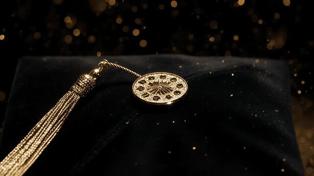 Elegant graduation cap tassel with ornate circular charm and sparkling golden confetti on dark velvet background