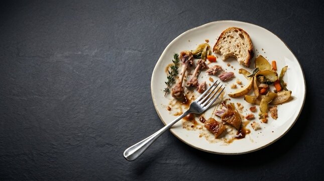 Leftover food on plate after dinner. Finished meal with meat bone, vegetable and piece of bread. Concept of overconsumption, food waste and excessive consumerism in dining culture.