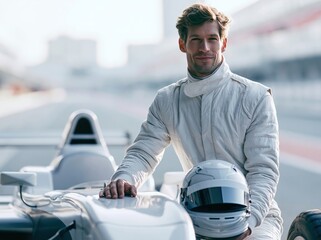Obraz premium Smiling race car driver in white suit posing next to his vehicle on track