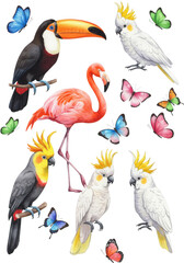 Fototapeta premium Vibrant tropical birds in colorful flight illustration isolated on transparent background