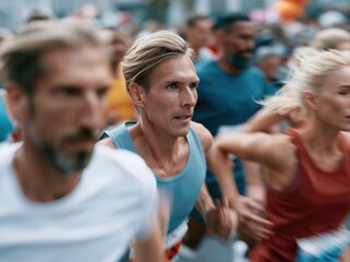 Fototapeta premium Diverse group of athletes competing in a marathon race on a city street