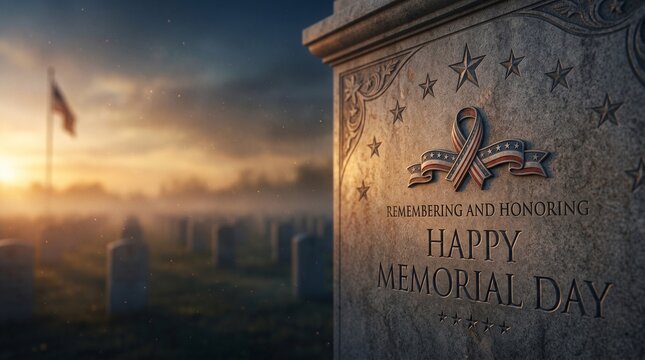 Memorial day tombstone with remembering and honoring inscription at sunset.