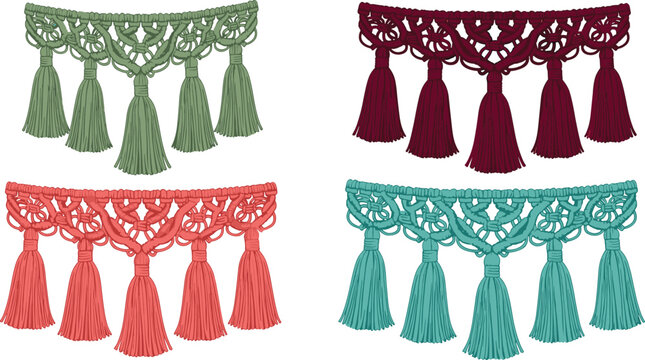 Decorative macrame tassel fringe vector set with colorful woven trims for boho textile and curtain design