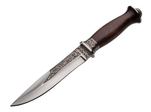 Isolated elegant dagger with decorative engraved metal blade and wooden handle for hunting or collection