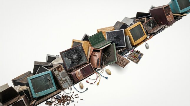 Heap of broken electronic waste and old computers on white background. E-waste pile representing excessive consumption. Concept of environmental pollution and technological obsolescence.