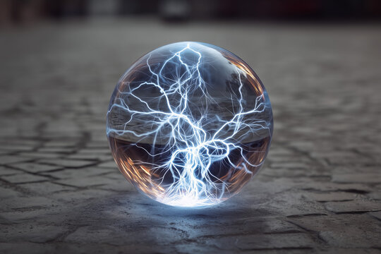 Crystal ball with lightning effects on a cobblestone background