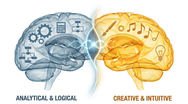 Brain divided into analytical logical and creative intuitive halves.