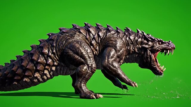 Fierce Dragon Creature Spewing Water on Green Screen Background.
