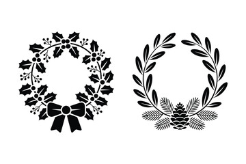 Christmas wreath designs: holly with bow and laurel with pinecone, christmas © Md