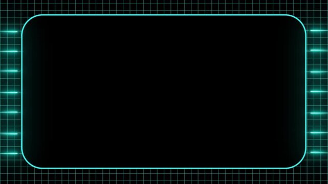 Rounded rectangle frame with neon grid and lights. Neon grid frame symbol for modern digital display. Digital neon grid animation for futuristic HUD border.