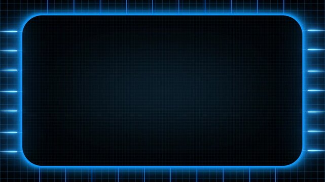 Rounded rectangle frame with blue neon grid lights. Neon grid frame symbol for technology layout design. Digital neon grid animation for futuristic HUD interface.