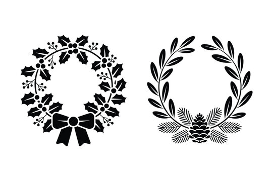 Christmas wreath designs: holly with bow and laurel with pinecone, christmas