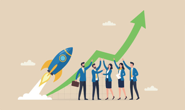Exponential,meeting industrial up graph, business sales or profit increase concept, financial report graph with exponential arrow from flying rocket