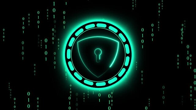 Cyan shield and lock icon with binary code. Cybersecurity shield symbol for digital information privacy protection. Digital shield animation for data mainframe security.