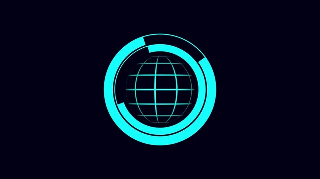 Cyan HUD globe on dark background technology animation. Globe interface symbol for global asset tracking systems. Digital globe animation for international communications.