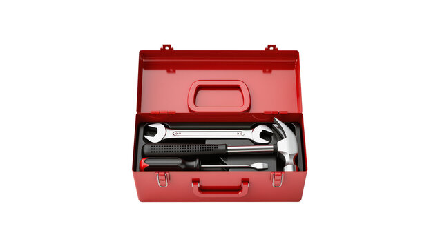 Isolated open red metal toolbox with wrench, hammer, and screwdriver for home repair