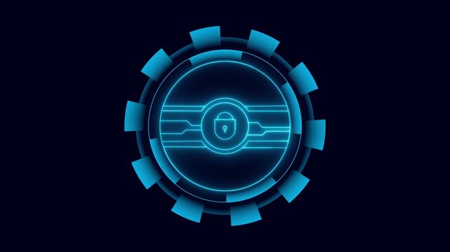 Futuristic cybersecurity lock icon on dark background. Security lock symbol for cloud computer memory protection. Digital lock animation for encrypted document database safety.