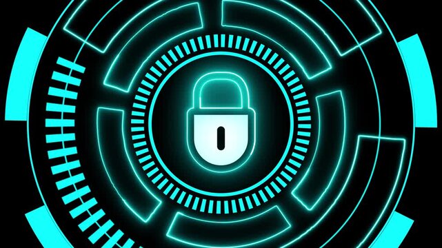 Futuristic cyber security lock interface on black. Security lock symbol for data privacy protection. Digital security lock animation for encryption system status.