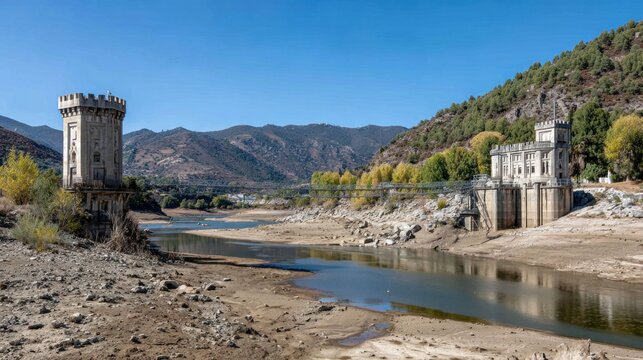 Low water levels expose old dam towers and a dry riverbed in a drought-affected mountainous landscape.