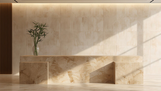 Empty modern spa reception desk made of raw stone with copy space on a clean wall for text