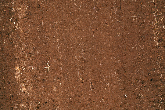 Dry brown soil with a tilled, granular texture photographed from above, ideal for agriculture, gardening and background use