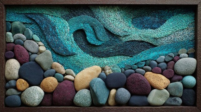 Coastal abstract pebble art with flowing blue-green textured waves and smooth multicolored natural stones, framed nature mosaic