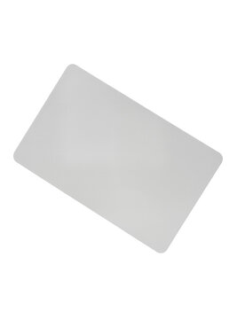 Isolated blank light gray plastic card with rounded corners at an angle, mockup template for design