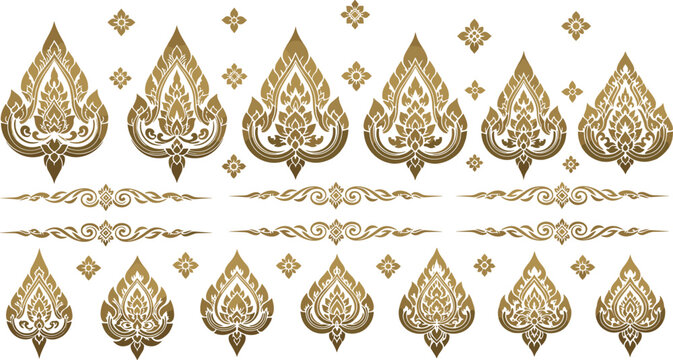 Golden ornamental Thai pattern vector set with decorative floral motifs, borders, and traditional temple design elements