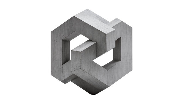Isolated minimalist concrete abstract geometric impossible shape with brutalist architectural style.