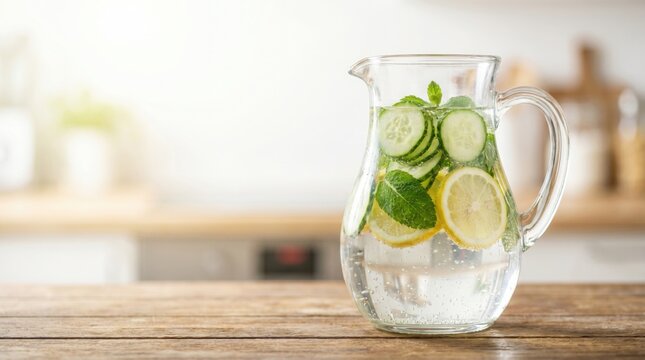 A glass pitcher filled with refreshing cucumber, lemon, and mint infused water on a wooden kitchen table with a blurred background.