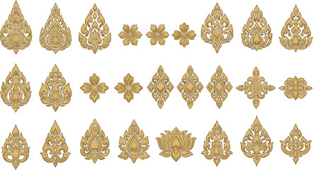 Golden ornamental Thai pattern vector set with floral motifs, decorative borders, and traditional temple design elements © Prodip