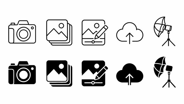 Camera and photography icon set including editing and cloud upload symbols