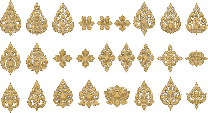 Golden ornamental Thai pattern vector set with floral motifs, decorative borders, and traditional temple design elements