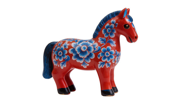 Isolated vibrant red Dala horse inspired figurine with blue and white floral folk art decoration.