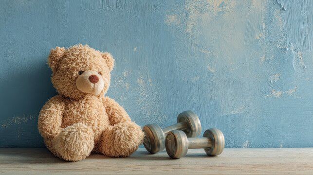 Playful teddy bear sits with small dumbbells on a wooden surface against a blue wall, symbolizing childhood fitness and strength.