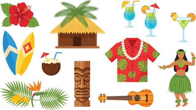 Hawaiian luau party vector set with tropical drinks, hula dancer, tiki mask, surfboards, and beach decorations