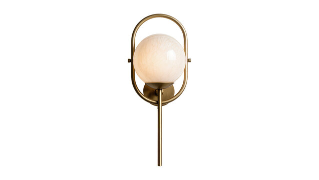 Isolated modern elegant wall sconce with glowing spherical glass and golden brass frame.