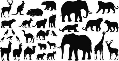Wild Animal Silhouette Vector Collection Featuring Elephants, Lions, Bears, Deer, Camels, Birds, and Giraffes for Nature and Wildlife Design © MdShaheen