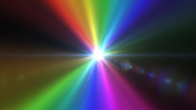 Bright cinematic rainbow lens flare on black background