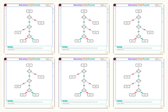 Decision tree diagrams with colored nodes and branches displayed in grid  