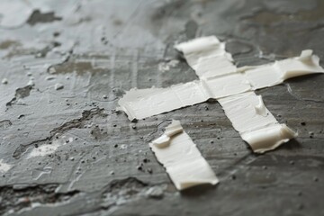 Fototapeta premium White masking tape is forming a cross shape on a gray concrete wall with cracked paint