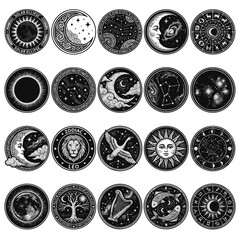 Mystical Celestial Symbols Set Zodiac Constellations Moon Sun Stars © Afi