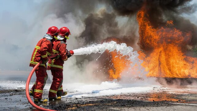 Two firefighters work together to extinguish a large fire in an outdoor training area. They use hoses to control the flames and smoke in a controlled setting