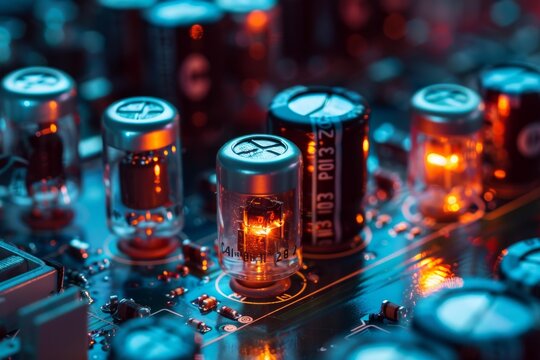 Close up of illuminated vacuum tubes and other components on a circuit board, showcasing electronic engineering