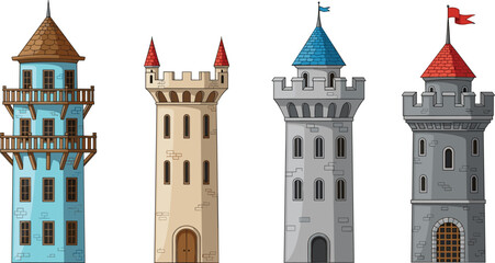 Medieval castle tower vector set with colorful fantasy fortress buildings and cartoon architectural details © Prodip