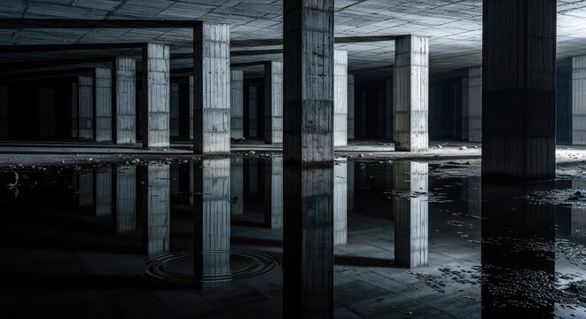 A dark and abandoned underground chamber filled with stagnant water reflecting concrete pillars in a cold, damp, and derelict atmosphere, underground, dark, cavern