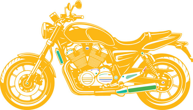 Detailed motorcycle line art technical drawing featuring intricate engine and frame structure in solid yellow color isolated on transparent background.