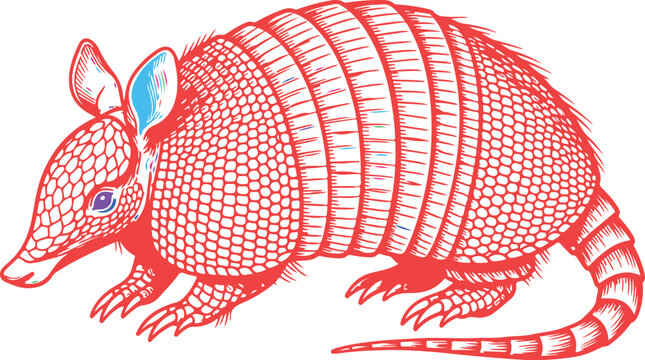Detailed red armadillo illustration with intricate shell pattern and subtle color accents on checkered background.