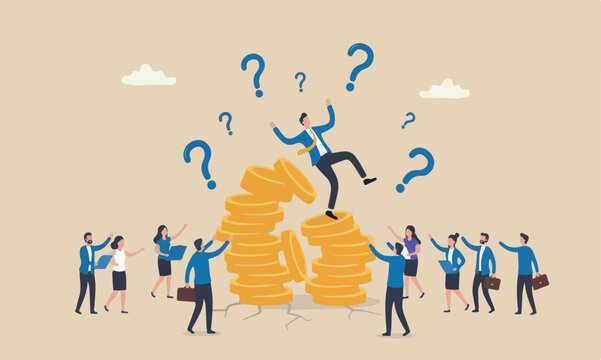 Financial bankruptcy The style of the illustration is modern, flat design with clean lines and minimal shading teams together concept, businessman investor falling from stack of unstable money coins