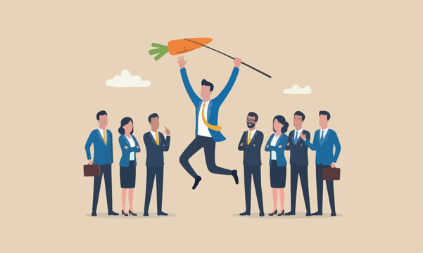 Motivation employe manipulation concept, seduced businessman jump in the air to catch tempting carrot baiting lure from the stick